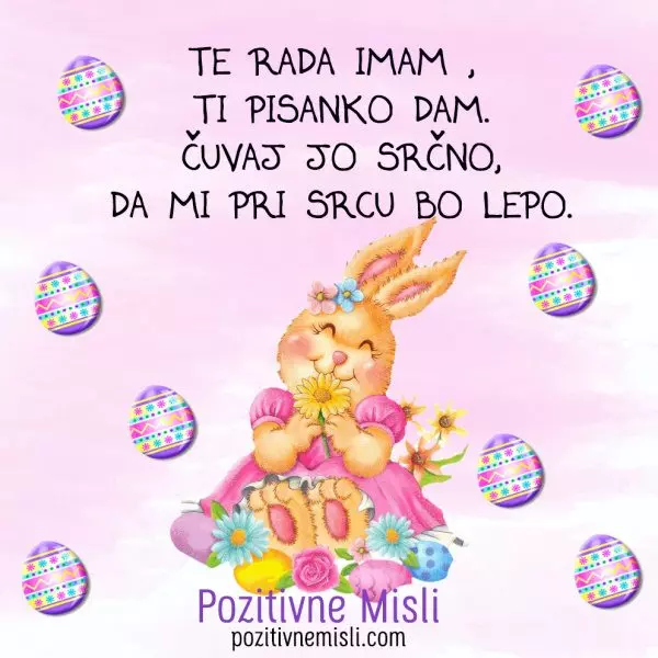Velikonočno voščilo z zajčkom – Srčna misel s pisanico